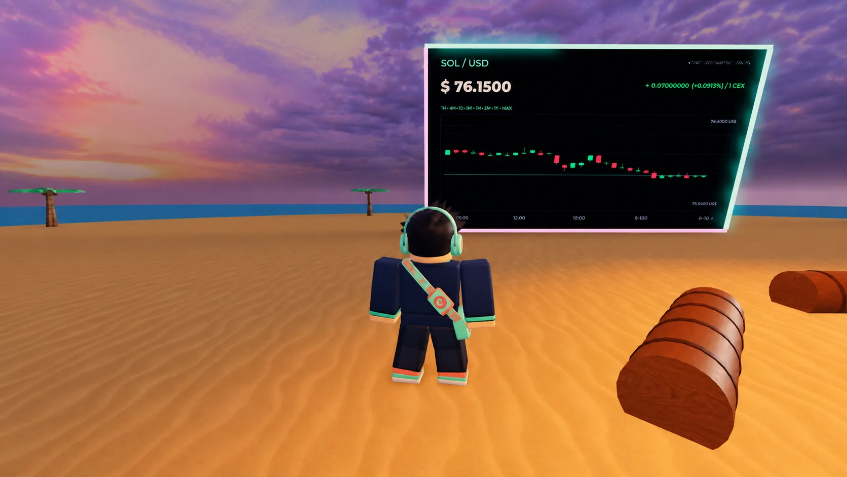 Clean R-COIN Harbor beach preview with a Roblox avatar facing the live chart